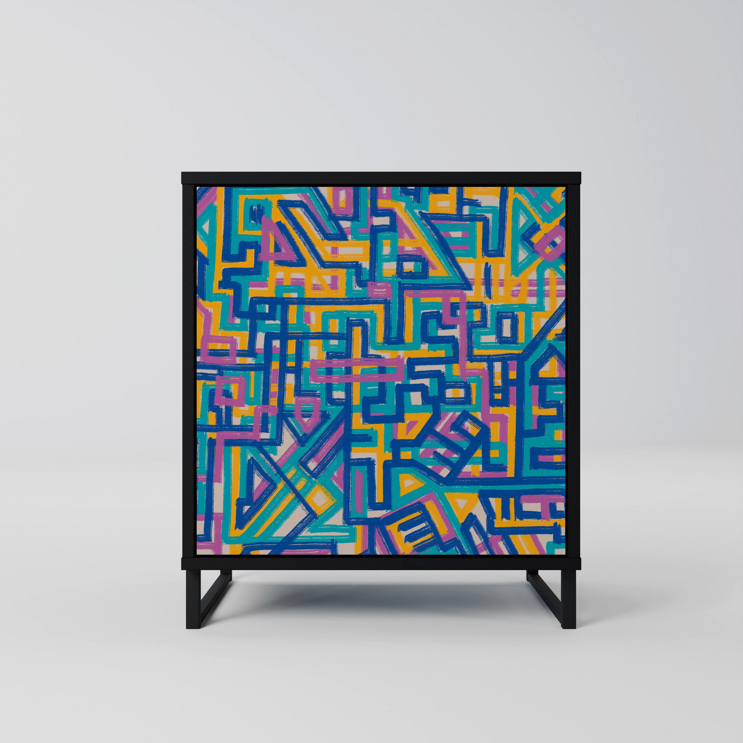 SIDEBOARD MEMORIES MAP, Schwarz, 57,5x42x67,5 cm, Schwarze Metall-Rahmenfüße - Multicolor/Schwarz, Holzwerkstoff/Metall (57.5/67.5/42cm) - SpaceRebels