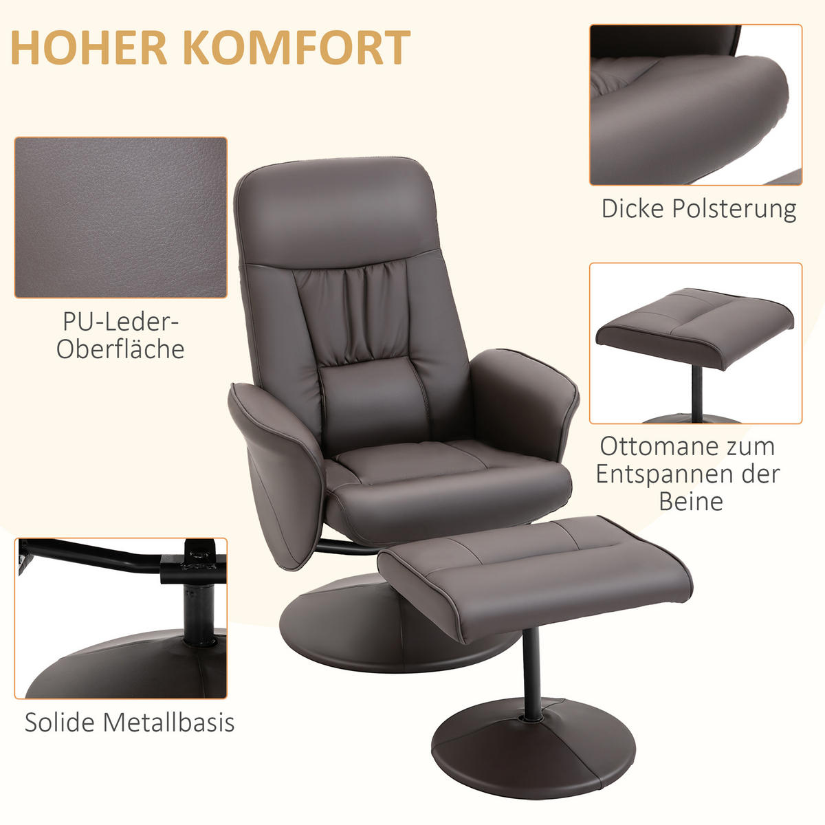 RELAXSESSEL mit Hocker, Fernsehsessel, TV Sessel mit Liegefunktion, Kunstleder - Braun, Metall (76/101/81cm) - HOMCOM