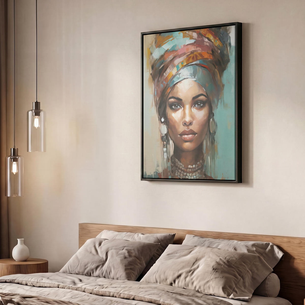 LEINWAND Bilder mit Rahmen - Frau - Kunst - Schmuck - Porträt - 50x70 - Blaugrau, Textil (50/70cm) - MuchoWow