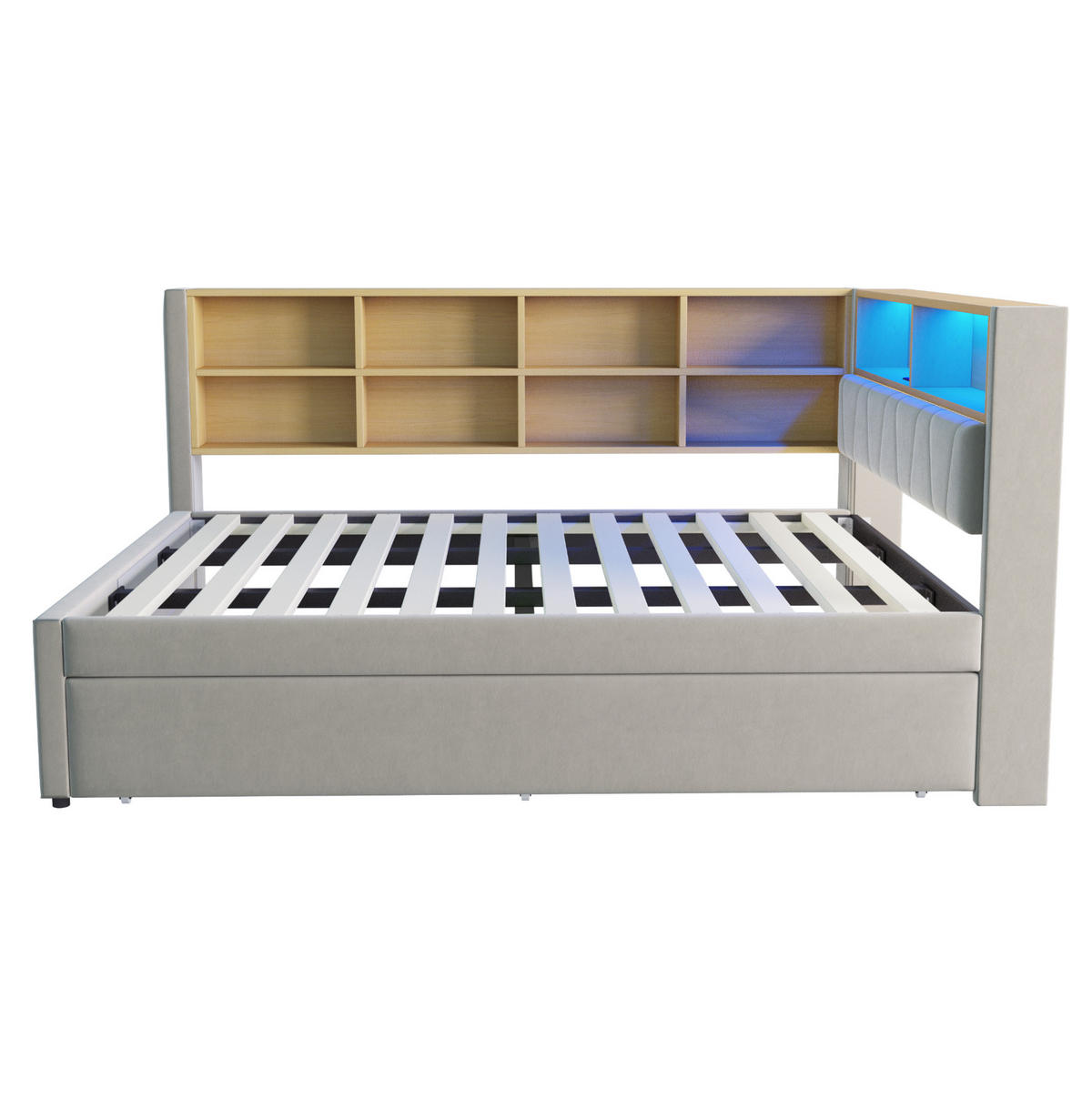 KREVET od flanela 140/200 cm s izvlačnim ležajem 90/190 cm, LED osvjetljenjem i pretincima, Svijetlosiva - svijetlo siva, tekstil (213/98/153cm) - Redom