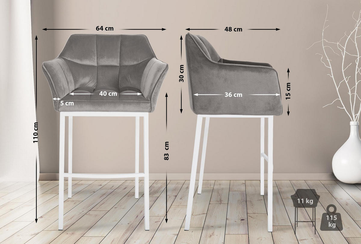 BARHOCKER Samt Grau - Weiß/Grau, Textil/Metall (64/110/48cm) - CLP