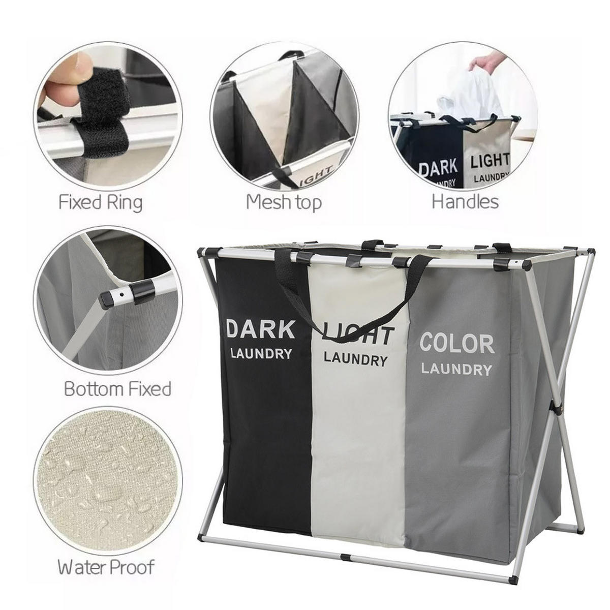 WÄSCHEKORB 3-Fächer faltbar Aluminiumrahmen 66×38×58cm - Weiß, Kunststoff (66/58/38cm) - Livingandhome