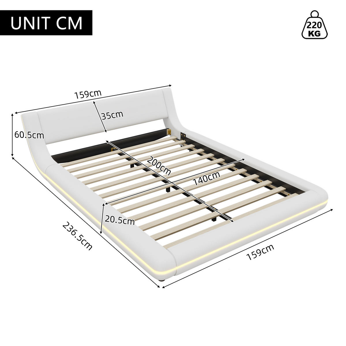 BODENBETT 140/200 cm mit LED-Umgebungsbeleuchtung, App-Steuerung und PU-Oberfläche, Weiß - Weiß, Leder (140/200cm) - Redom