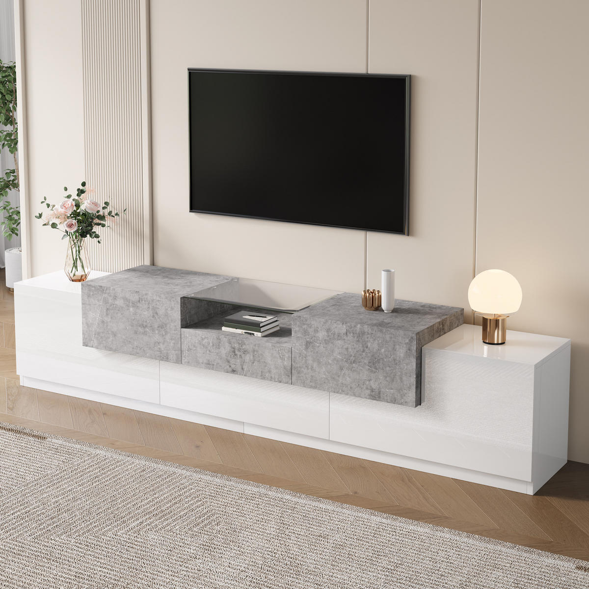 TV-SCHRANK 160/40/50 cm Weiß mit 3 Türen und offene Ablagen - Schwarz/Weiß, Holz/Holzwerkstoff (160/50/40cm) - Oxeza