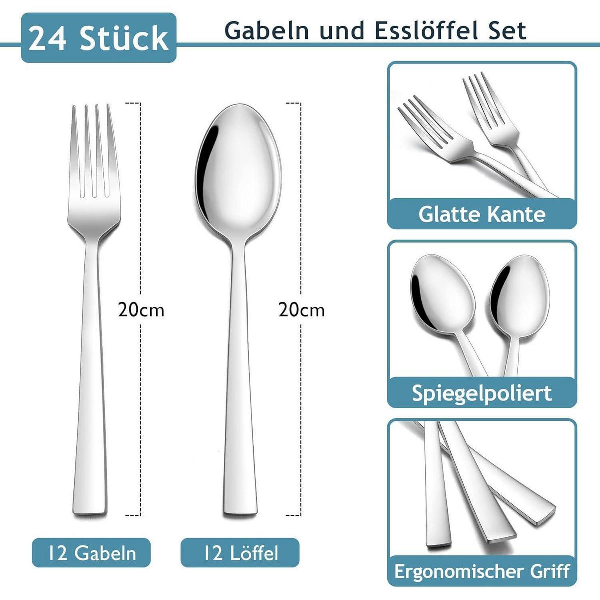 BESTECKSET 24-teiliges Set Edelstahl Silber 20 cm - Silberfarben, Metall - LUXUSKOLLEKTION