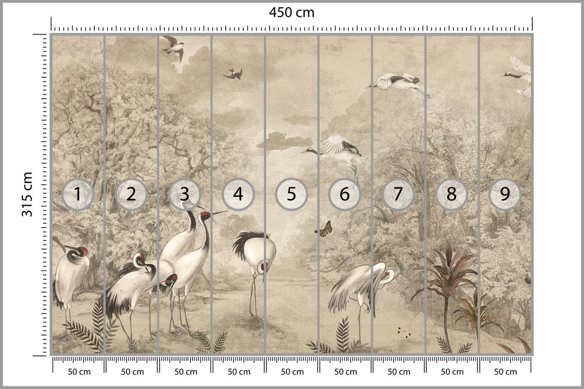 FOTOTAPETE für Schlafzimmer Retro Kraniche Wald Bäume Vögel 450x315 - Beige/Rot, Papier (450/315cm) - Muralo