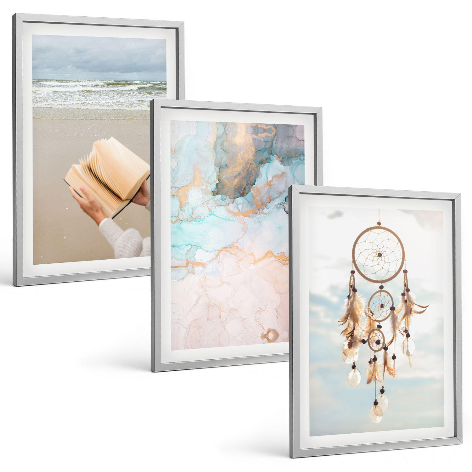 BILDER SET 3er Set - 40x60 cm Silberner Rahmen - Abstraktes Meeresbuch Boho - Silberfarben, Kunststoff (40/60cm) - TULUP