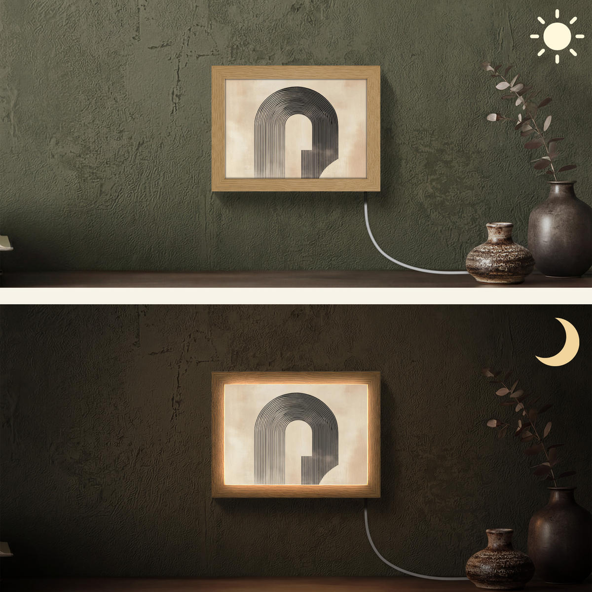 NÁSTĚNNÁ LAMPA Luk - Pruhy - Minimalistický - Černý 20x15 cm - béžová, kompozitní dřevo (20/15/8cm) - OnlyWow
