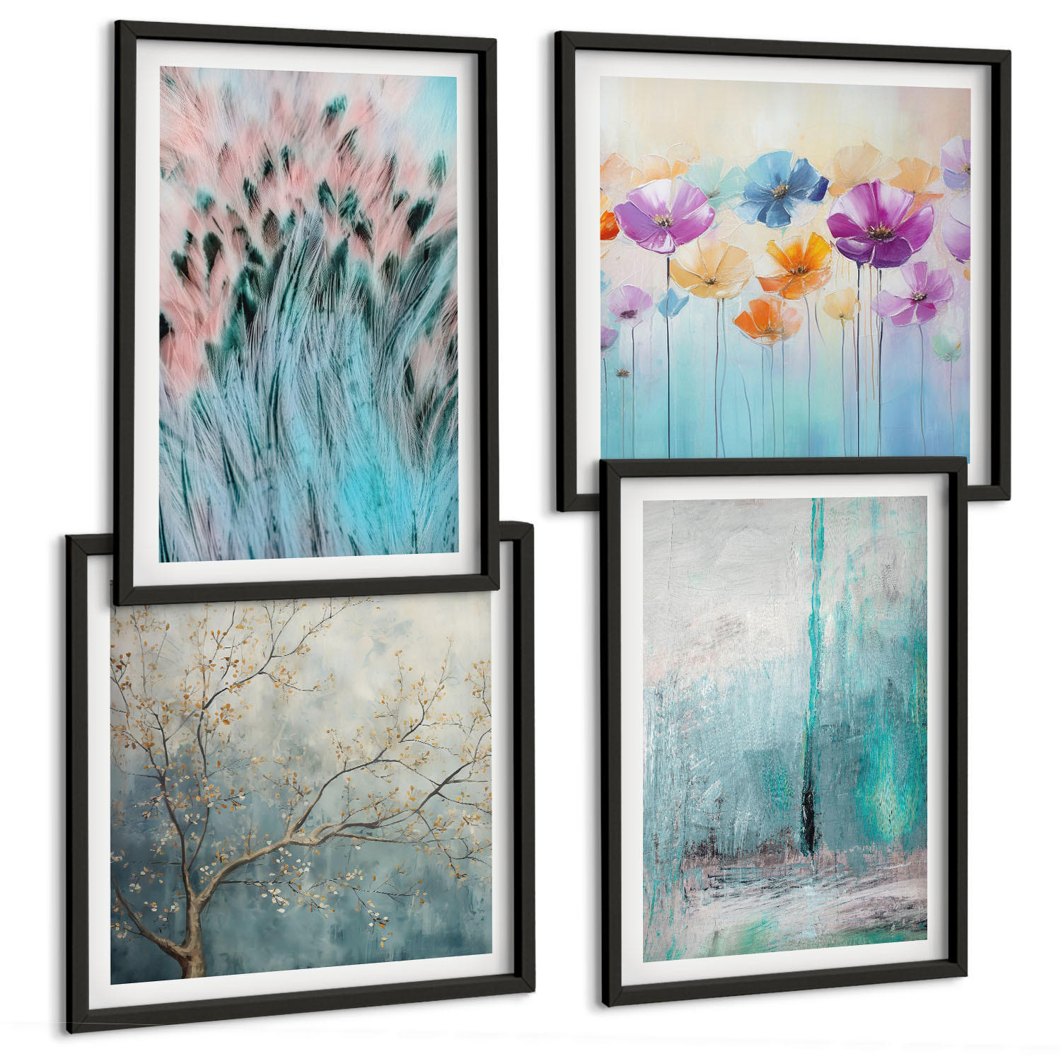 BILDER SET 4er Set - 50x50 cm & 40x60 cm Schwarzer Rahmen - Hintergrundmuster mit Pastellblumen - Schwarz, Kunststoff (50/50cm) - TULUP