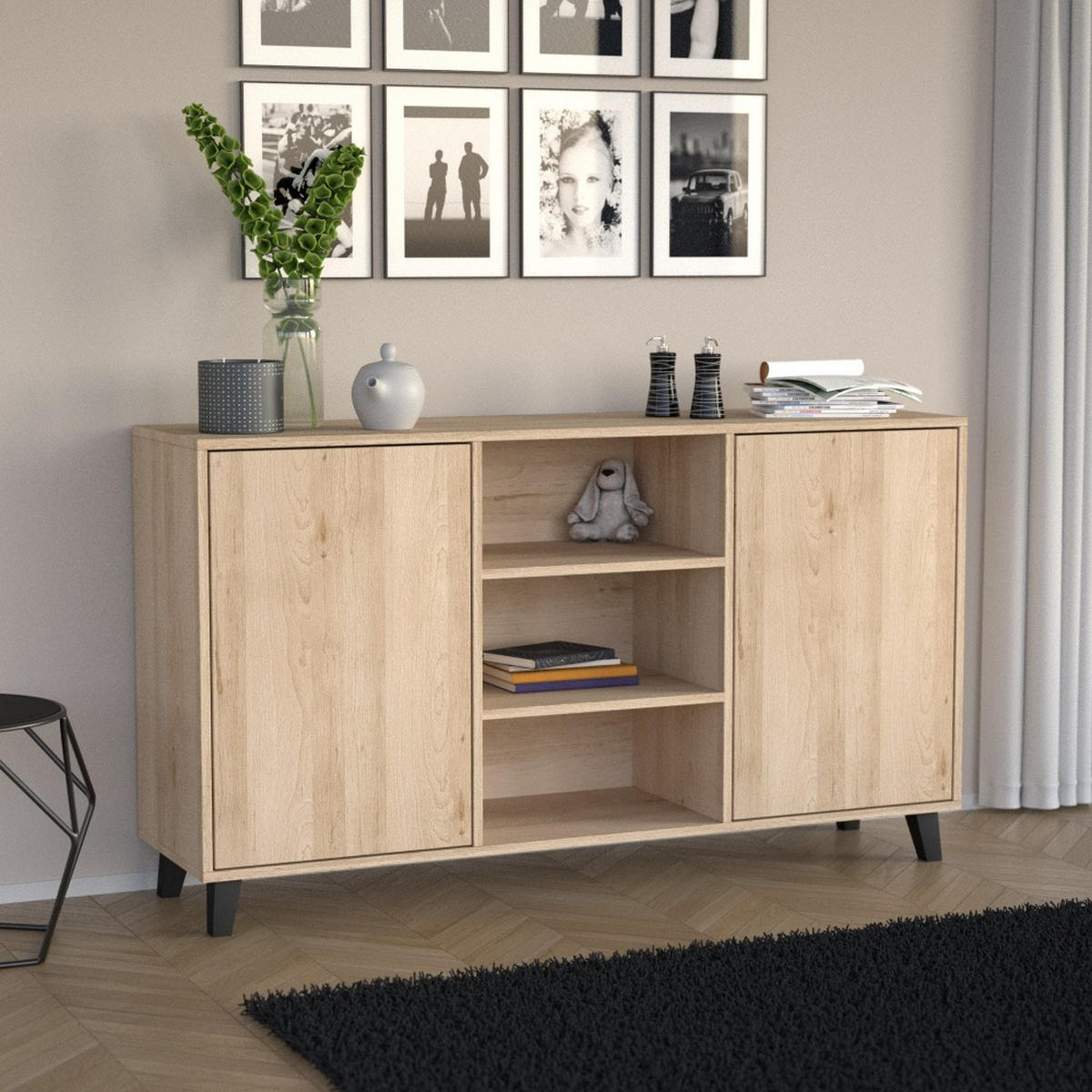 KOMMODE Home mit 2 Türen und 2 Regale, ohne Griffe, eiche Artisan - Schwarz/Eiche Artisan, Holzwerkstoff (150/85/40cm) - Beautysofa