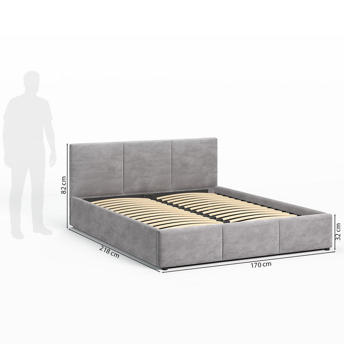 POLSTERBETT 160×200 cm mit Bettkasten und Lattenrost Nela HLR-22 Grau Velours - Grau, Holz/Metall (160/200cm) - Jana