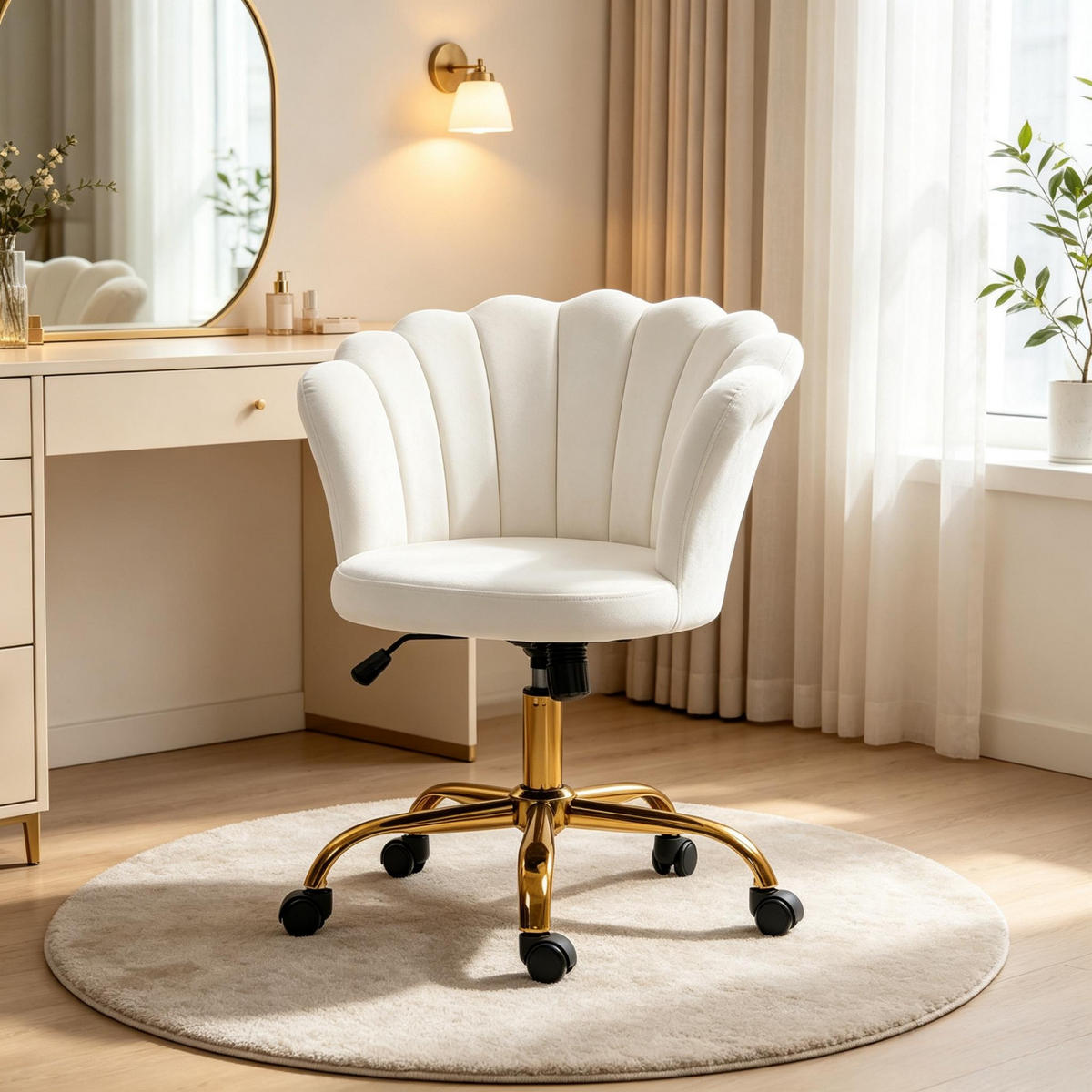 DREHSTUHL höhenverstellbarer Samtbezug blütenförmige Rückenlehne - Weiß, Textil (69/80/64cm) - Gisaae
