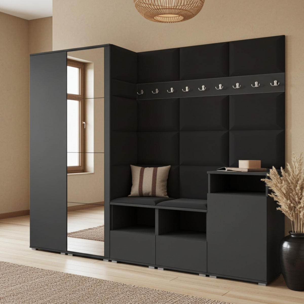 GARDEROBE NELA VIII 250 cm (Modulare Flurmöbel Graphit mit Spiegel & Sitzpolster Schwarz 16 Set XL) - Silberfarben/Schwarz, Holz/Holzwerkstoff (250/187/40cm) - Ravio