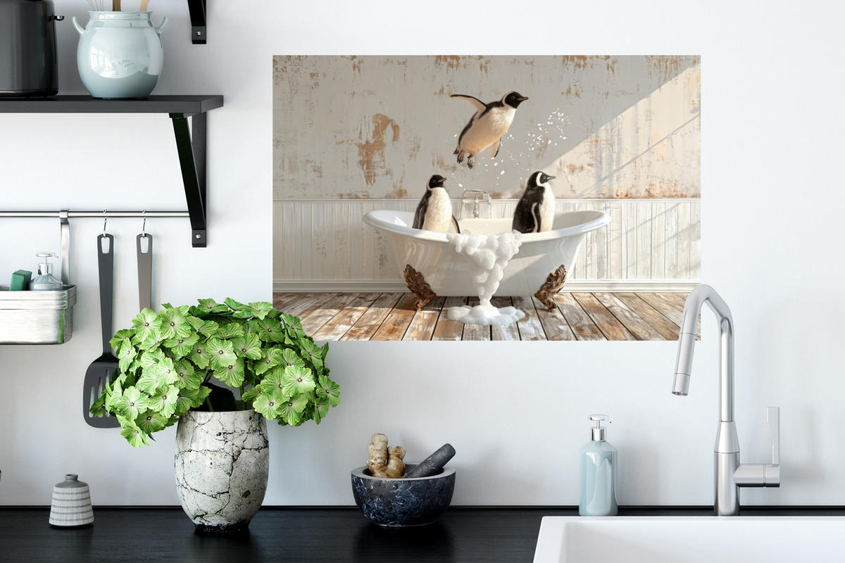 WANDTATTOO Vintage - Pinguin - Badewanne - Schaumstoff 60x40 cm - Schwarz, Kunststoff (60/40/0.1cm) - MuchoWow