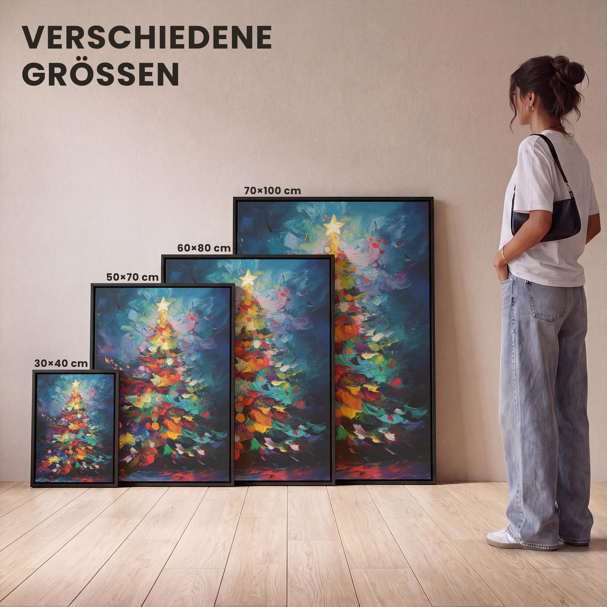LEINWAND Bilder mit Rahmen - Weihnachtsbaum - Weihnachten - Abstrakt - Farbenfroh - 30x40 - Multicolor, Textil (30/40cm) - MuchoWow