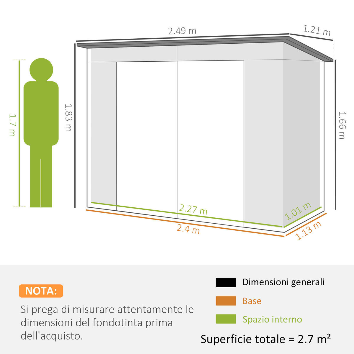 GARTENHAUS mit Schloss, verzinkter Stahl 249 x 121 x 183 cm ,grau - Dunkelgrau, Metall (121/183/249cm) - Vallsero