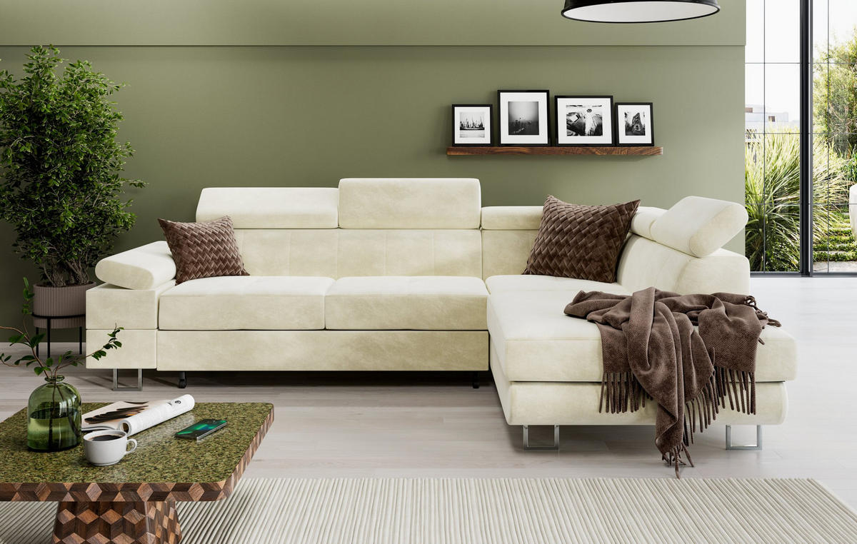 ECKSOFA CAROLINE Rechts Hellgrau Velours-Stoff mit Schlaffunktion und Bettkasten - Chromfarben/Hellgrau, Textil (253/190cm) - Barchello