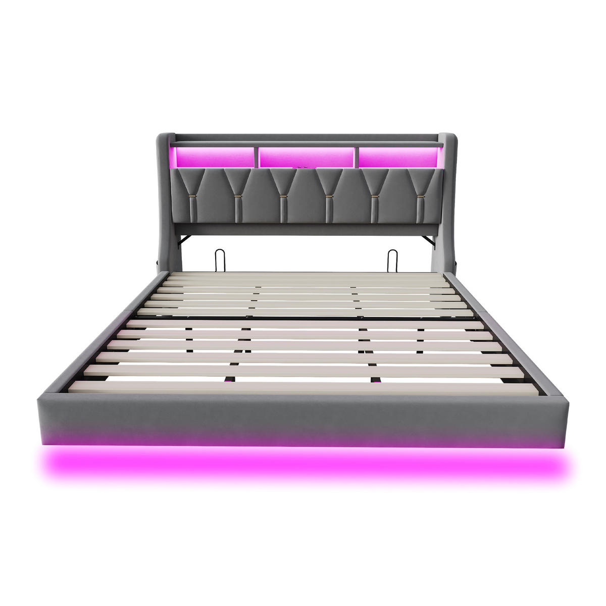 POLSTERBETT 180/200 cm DE-01666, in Grau, mit Klappkopfteil, Steckdose und LED-Beleuchtung - Grau, Holzwerkstoff (180/200cm) - ComfortXL