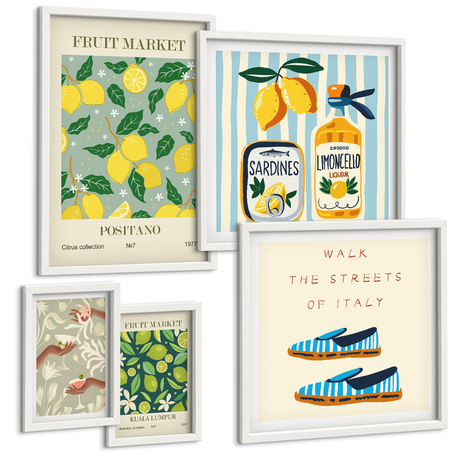 BILDER SET 5er Set - 50x50 cm & 20x30 cm & 40x60 cm Weißer Rahmen - Zitrusfrüchte der italienischen Tropen - Weiß, Kunststoff (40/60cm) - TULUP