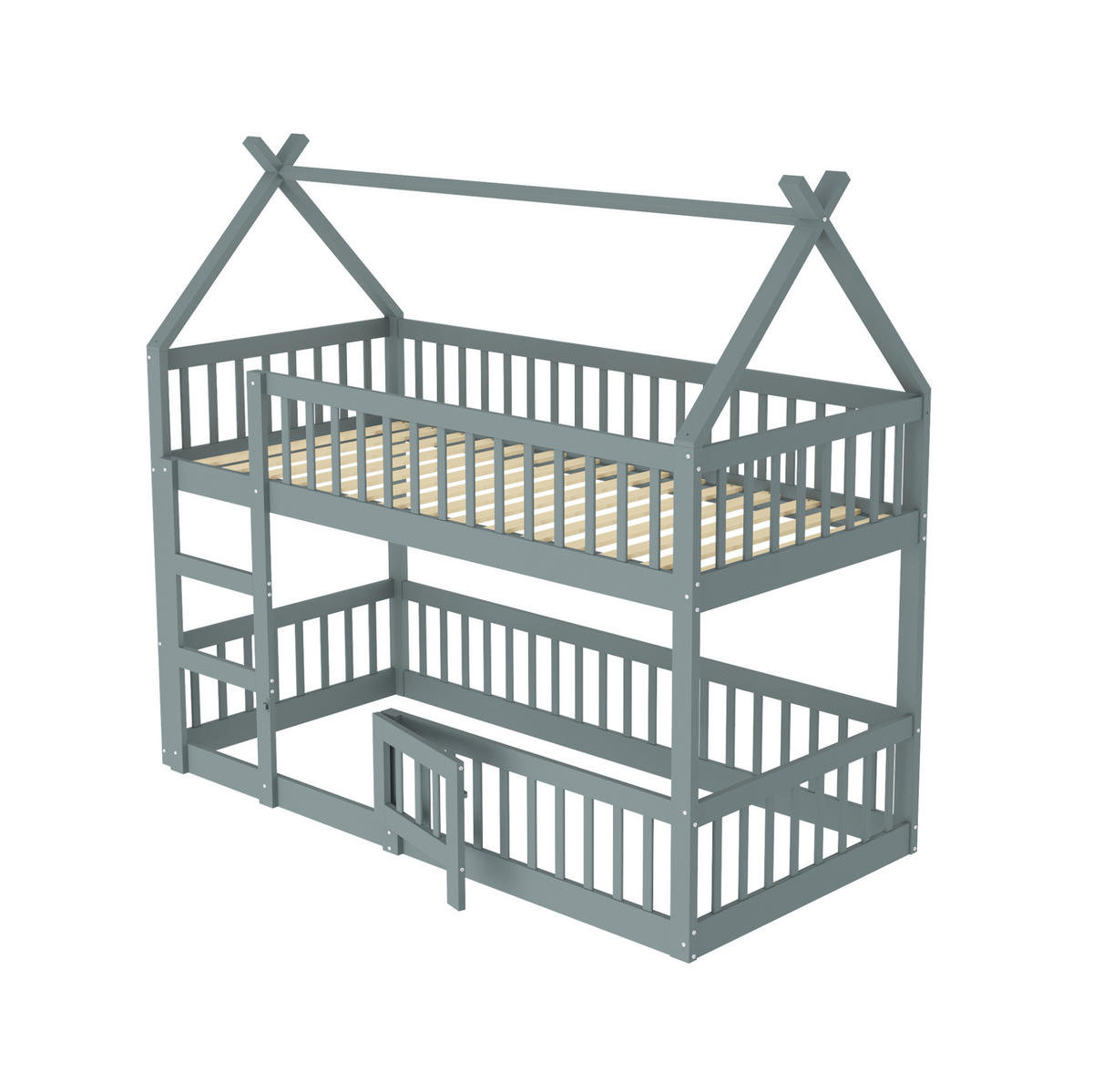 ETAGENBETT aus Holz 90x200 cm Grau mit Treppe und Sicherheitsumrandung - Grau, Holzwerkstoff (90/200cm) - IVMEU