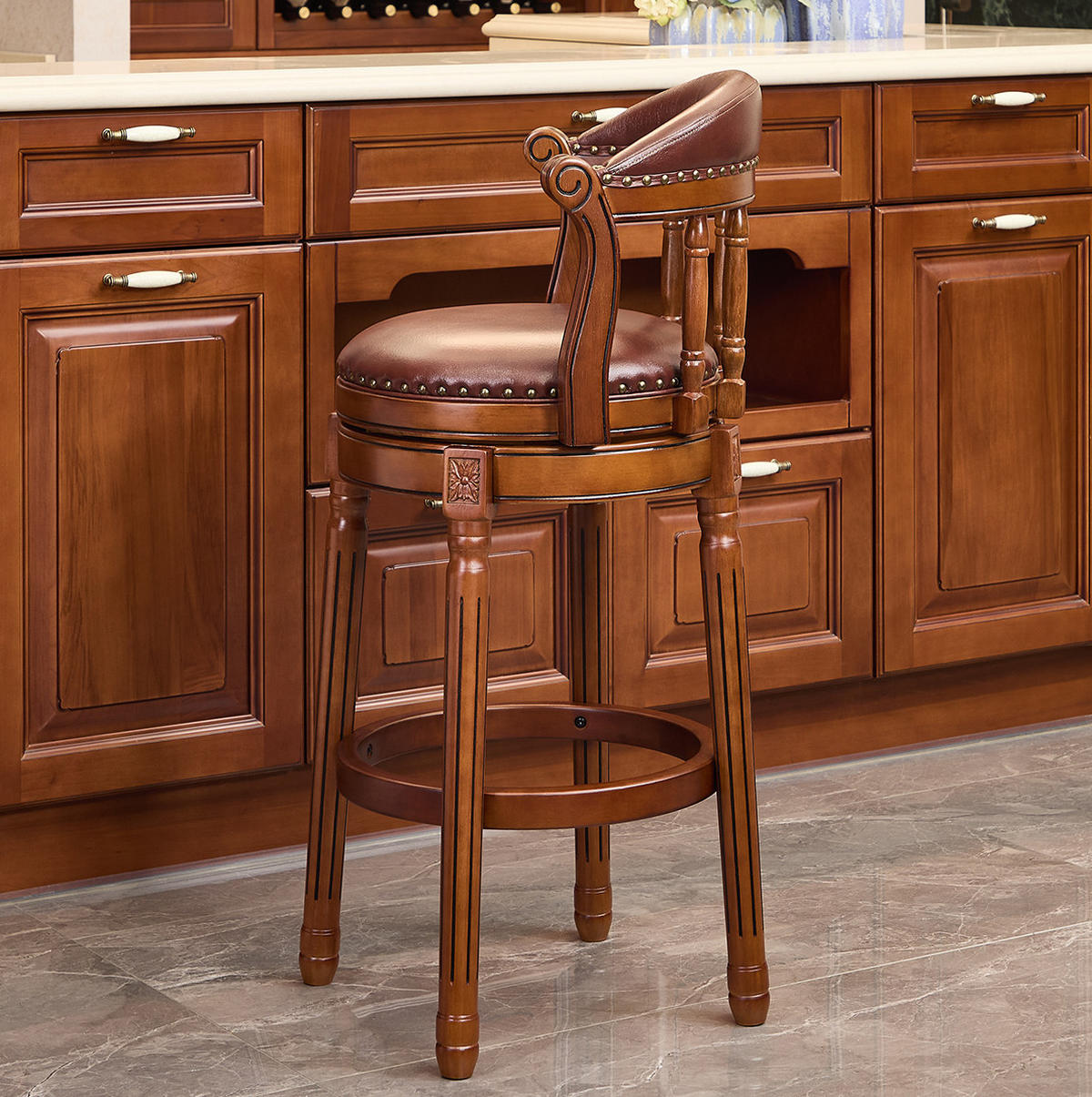 BARHOCKER drehbar mit Rückenlehne Sitzhöhe 75 cm Echtleder Braun Holz - Braun, Holz (54.8/96/54.81cm) - Meubliv