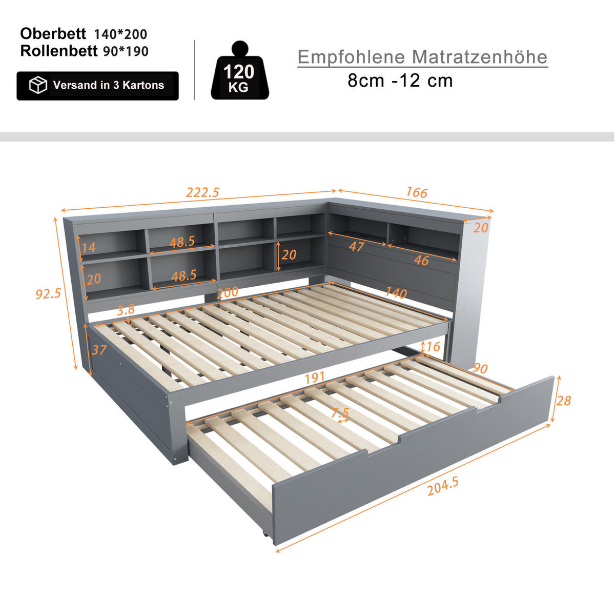 BETT 140/200 cm aus Holz mit Ausziehbett, Stauraum und USB-Anschluss - Grau, Holz (140/200cm) - Flora Grace