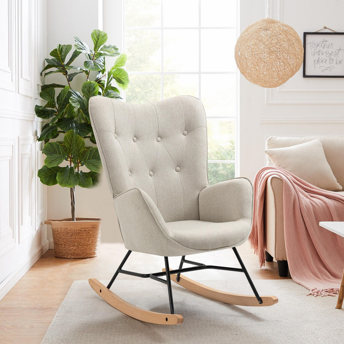 SCHAUKELSTUHL Beige mit Holzbeinen - Beige, Holz/Textil (66/97/84cm) - Meubles Cosy