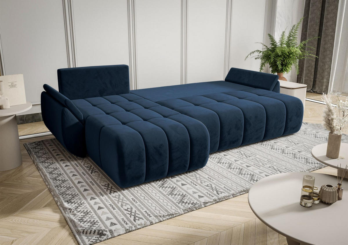 ECKSOFA Romuldi mit Schlaffunktion, Marineblau Samt, linksseitig - Schwarz/Dunkelblau, Kunststoff/Textil (280/185cm) - Selsey