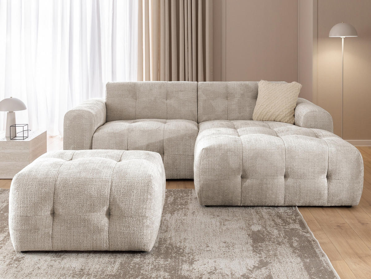 ECKSOFA inkl. Hocker Kozy im Bumpy-Design mit Schlaffunktion und fester Rückenlehne aus weichem Dunkelbeige Chenille-Stoff - Ottomane rechts - Beige/Schwarz, Holz/Kunststoff (234/161cm) - S-Style Möbel