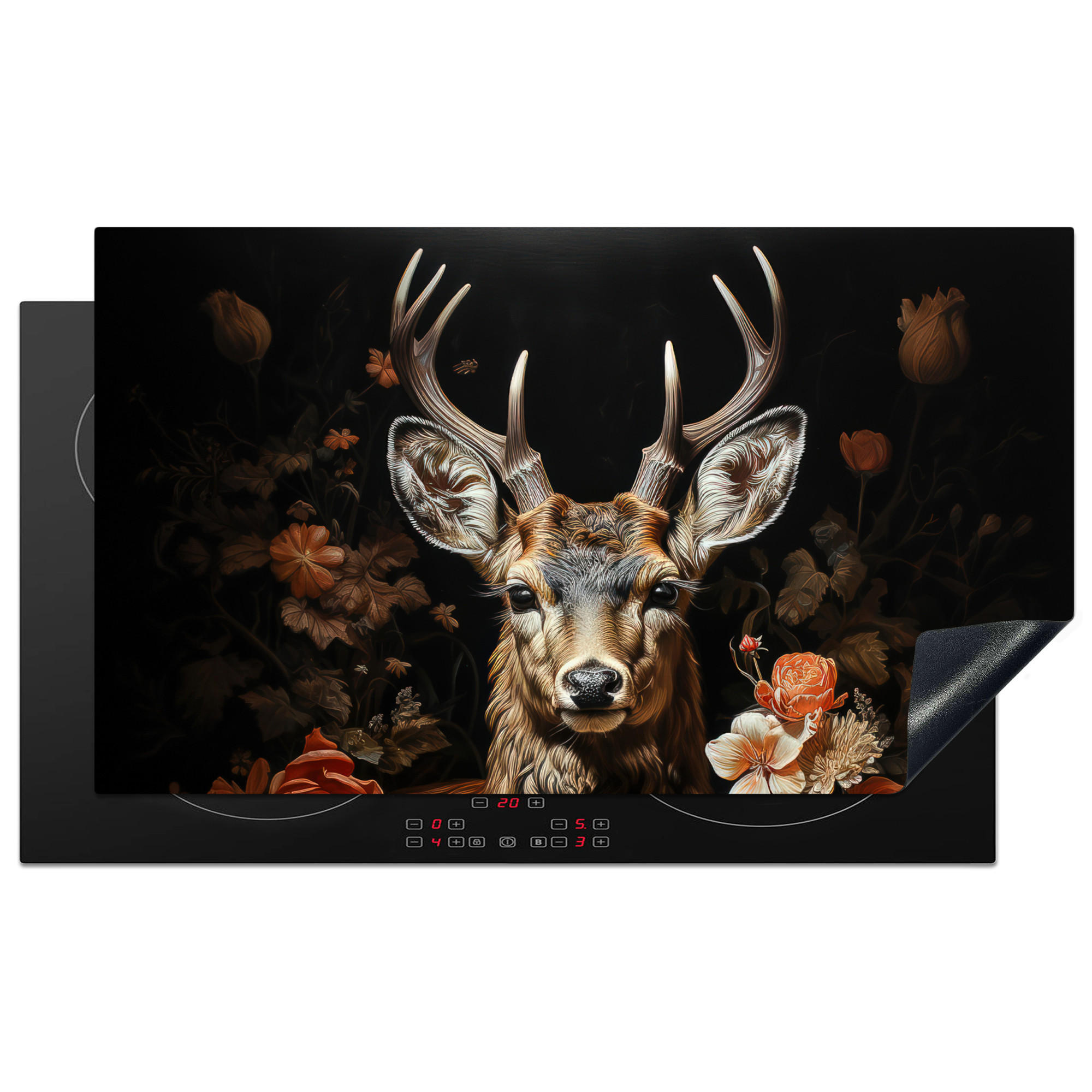 HERDABDECKPLATTE Hirsch - Tier - Blumen - Natur - Botanisch 91x52 cm - Kupferfarben, Kunststoff (91.2/0.2/52cm) - MuchoWow