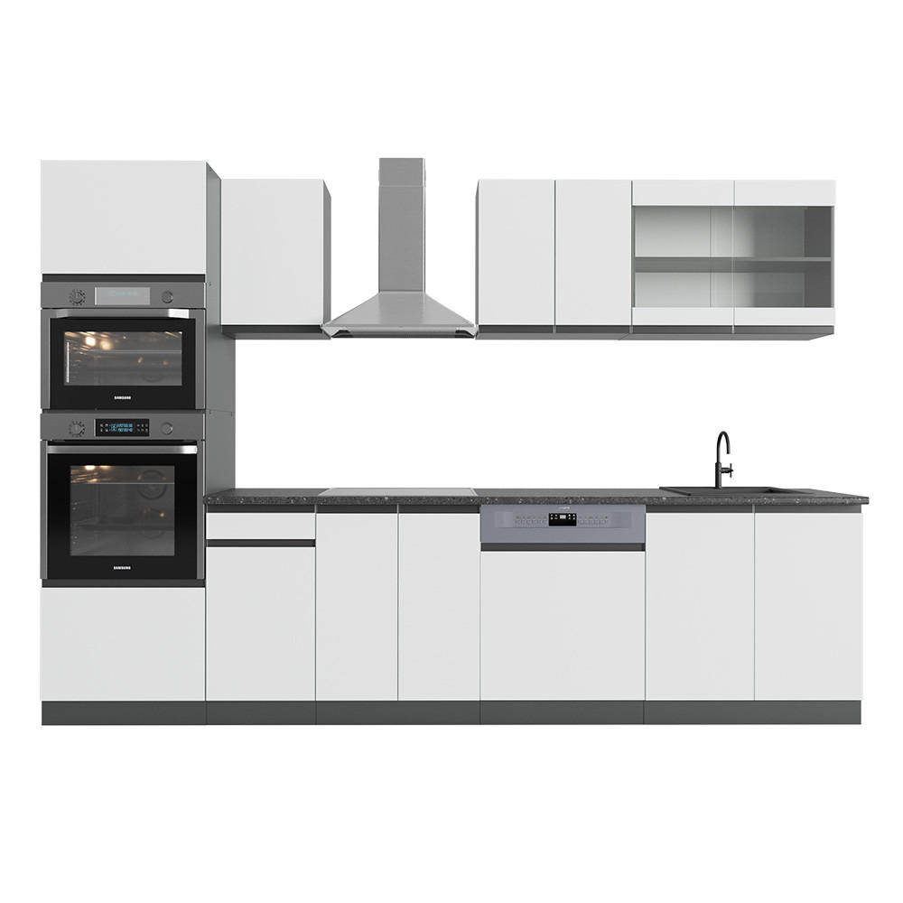 KÜCHENZEILE R-Line Weiß/Anthrazit 300 cm J-Shape mit Hochschrank ohne AP - Anthrazit/Weiß, Holzwerkstoff (300/81.6/46cm) - Vicco