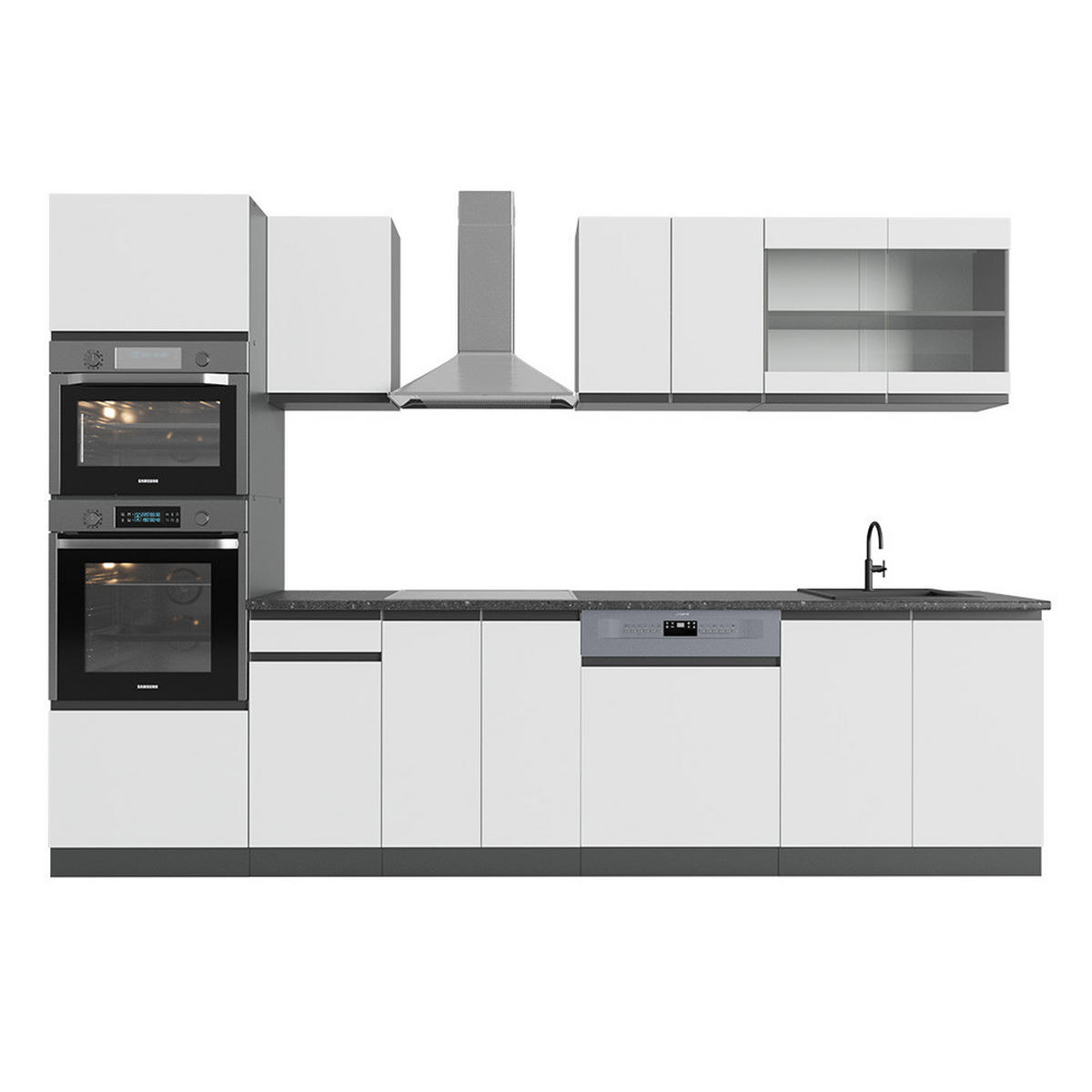 KÜCHENZEILE R-Line Weiß/Anthrazit 300 cm J-Shape mit Hochschrank ohne AP - Anthrazit/Weiß, Holzwerkstoff (300/81.6/46cm) - Vicco