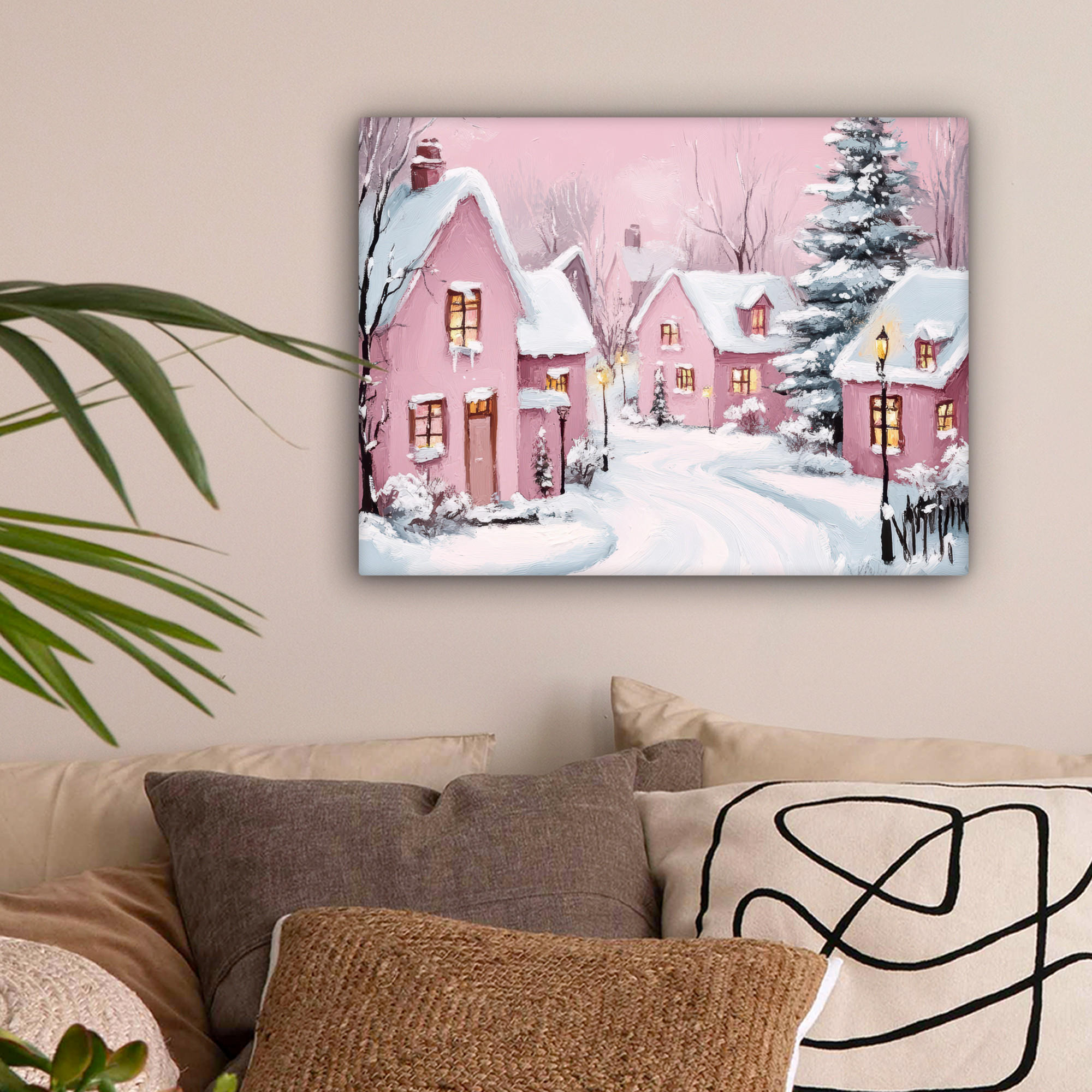LEINWANDBILD Weihnachtsdorf - Rosa - Winter - Schnee - Häuser 40x30 cm - Altrosa, Textil (40/30cm) - MuchoWow
