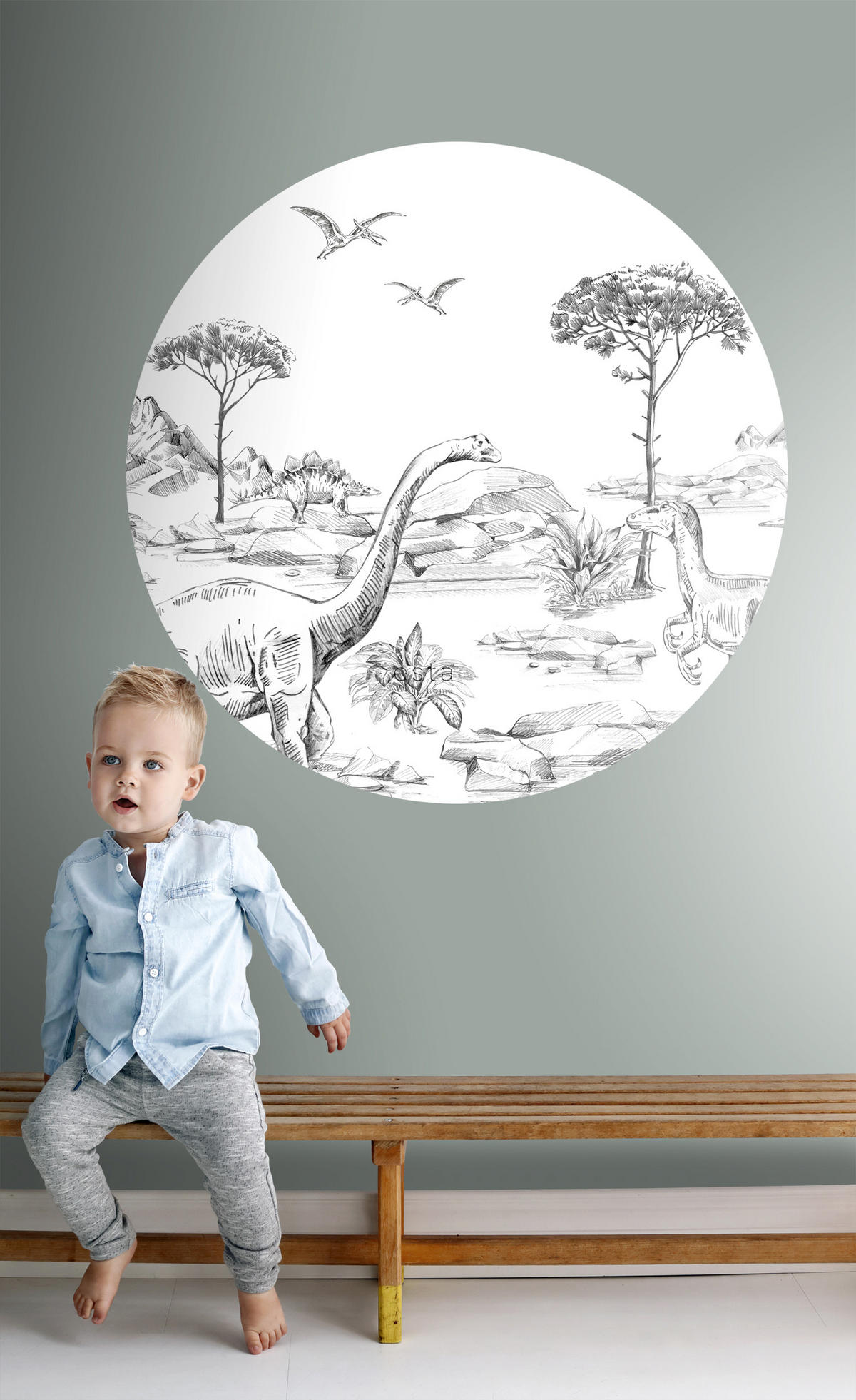 SELBSTKLEBENDE runde Tapete Dinosaurier Ø 70 cm - Schwarz, Papier (70/70/70cm) - ESTAhome
