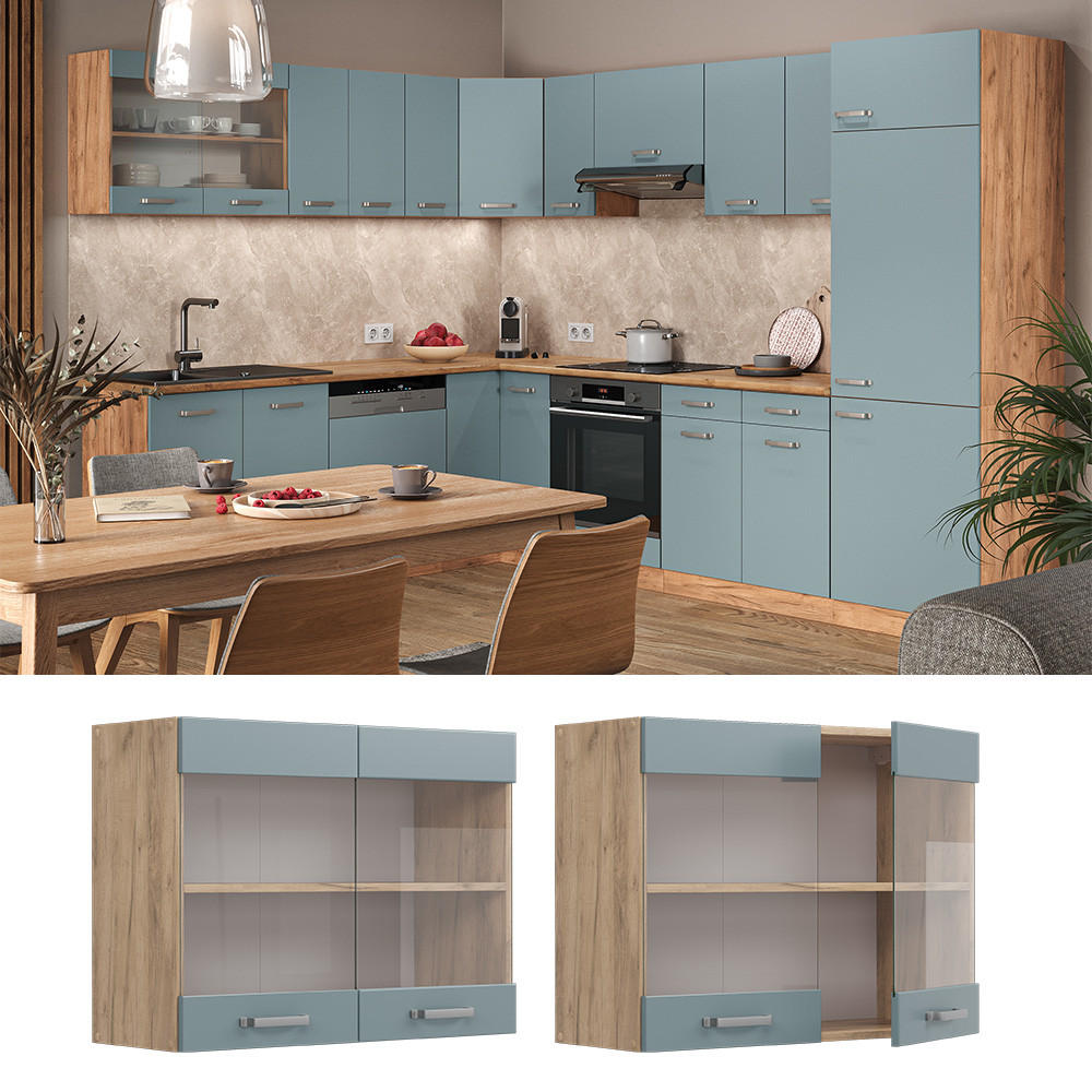 KÜCHENGLASSCHRANK R-Line Blau-Grau 80 cm - Honigeiche/Eiche Wotan, Holzwerkstoff (80/60/31cm) - Vicco