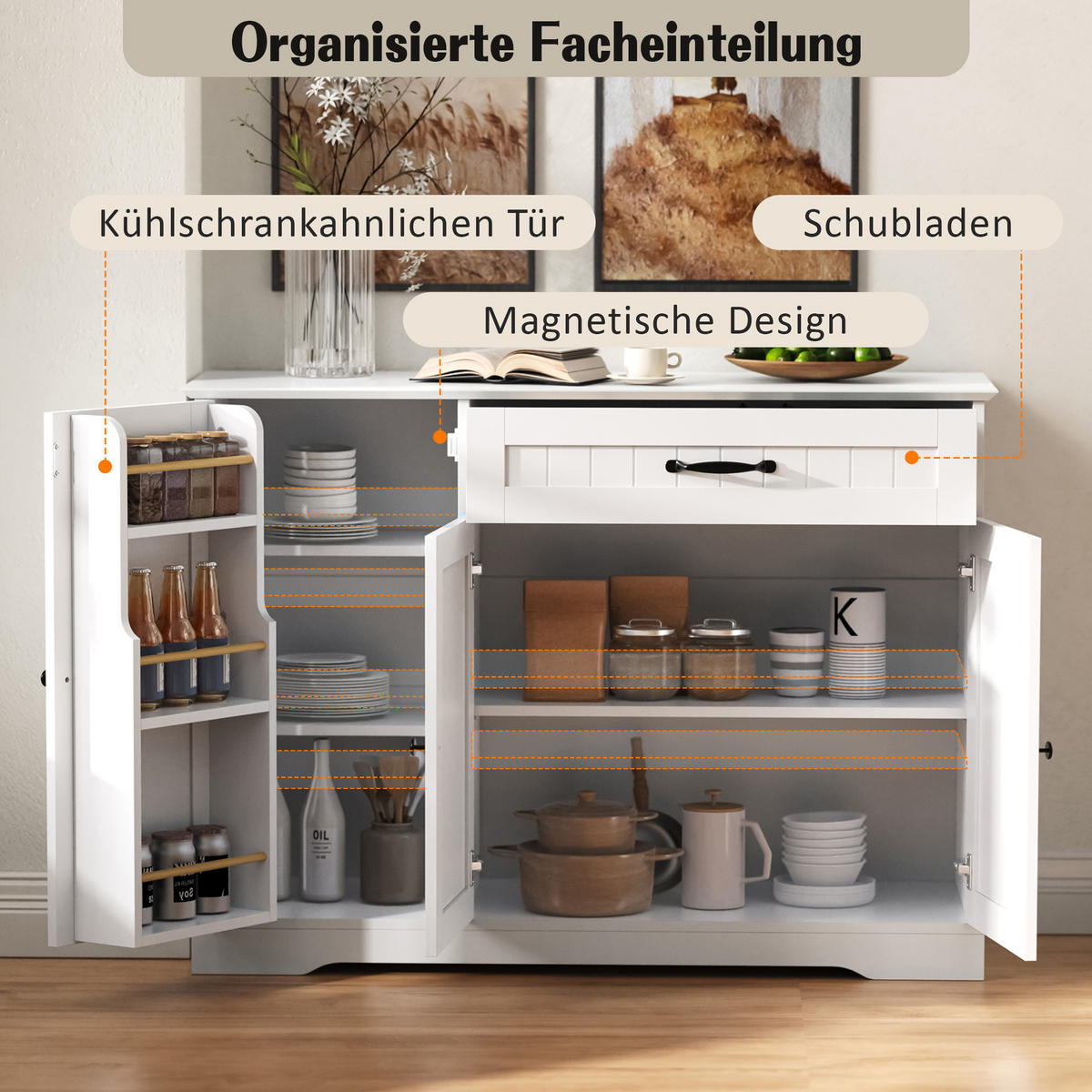 SIDEBOARD mit 3 Türen und Schublade in Weiß – modernes Design mit viel Stauraum - Weiß, Holzwerkstoff (107/83.4/40cm) - BEAOK