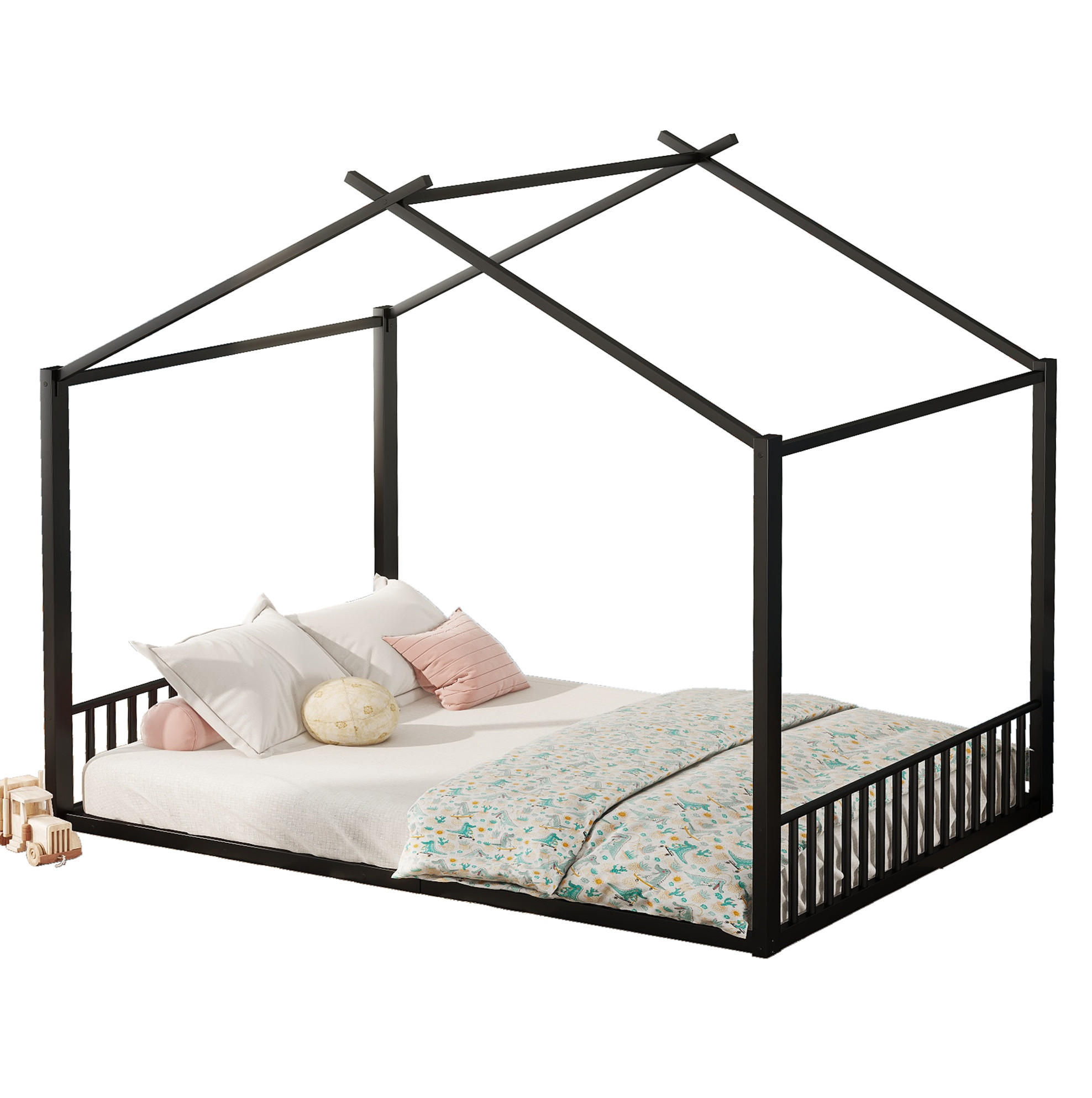 KINDERBETT 140/200 cm in Hausform aus Metall – Schwarz - Schwarz, Metall (140/200cm) - BEAOK