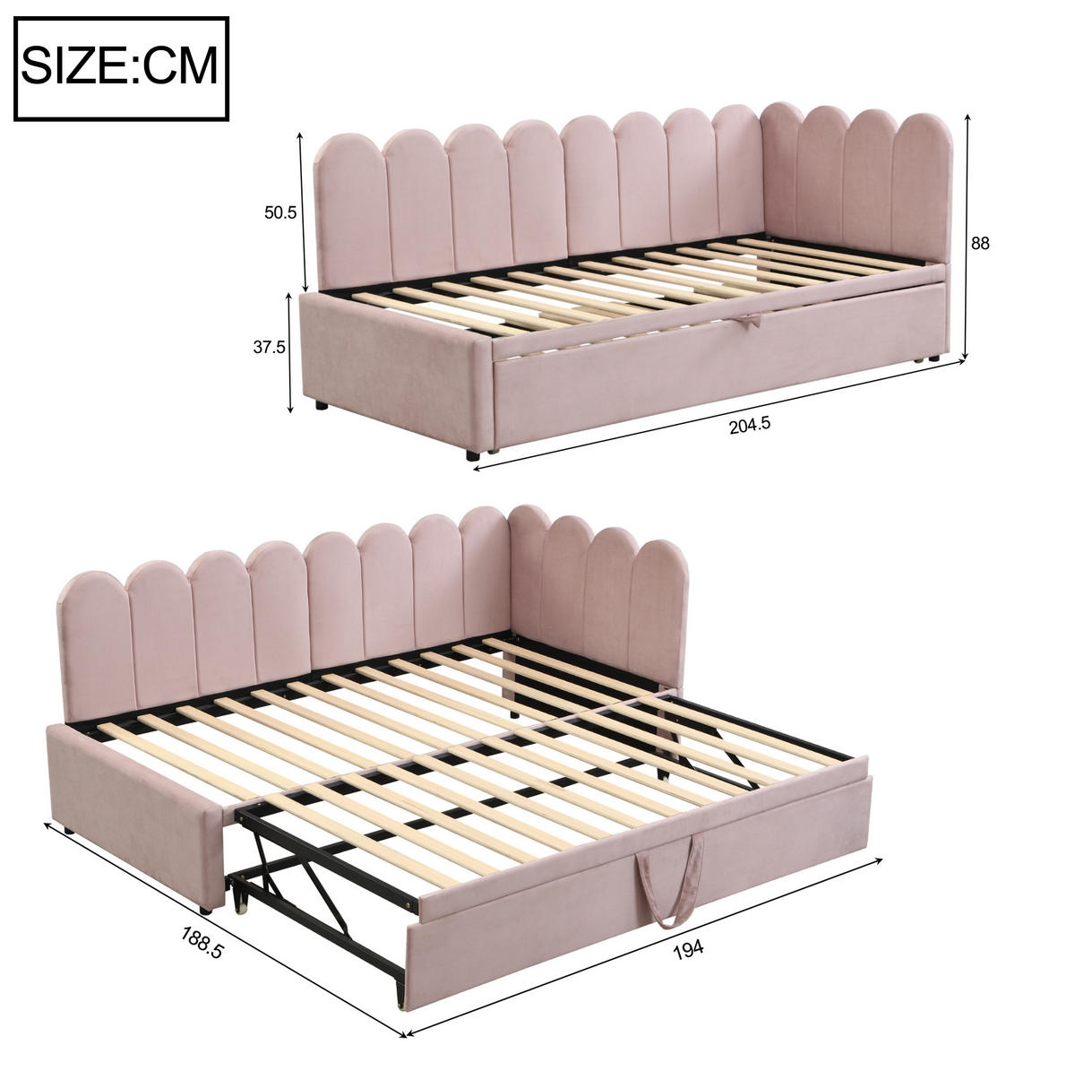 POLSTERBETT 90/200 cm mit Ausziehbett, L-Form und Samtbezug, Rosa - Rosa, Textil (90/200cm) - Redom
