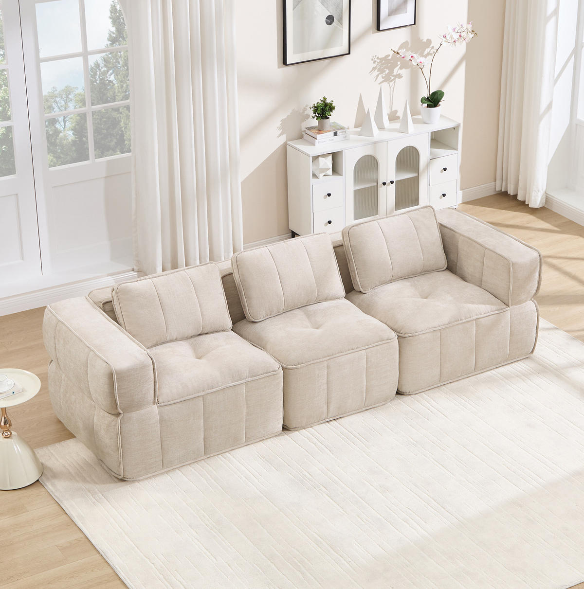 SOFA 271/93/67 cm in Beige, modular, aus Polyester mit rutschfestem Standfuß - Beige, Kunststoff (93/67/271cm) - Flora Grace