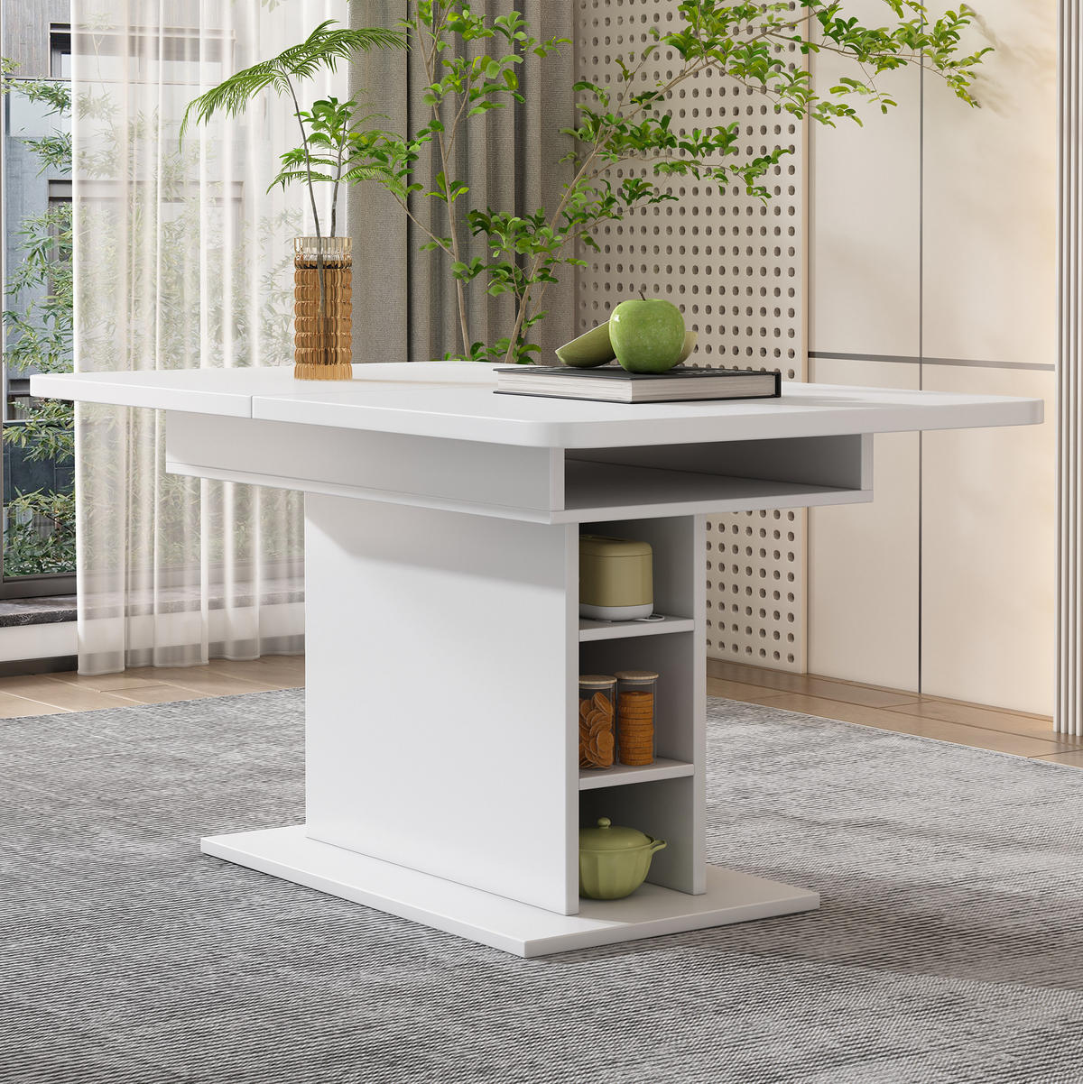 ESSTISCH aus Spanplatte und Metall 130x70x75 cm Weiß ausziehbar mit Stauraum, multifunktional und platzsparend - Weiß, Holzwerkstoff (130/70/75cm) - Modfu