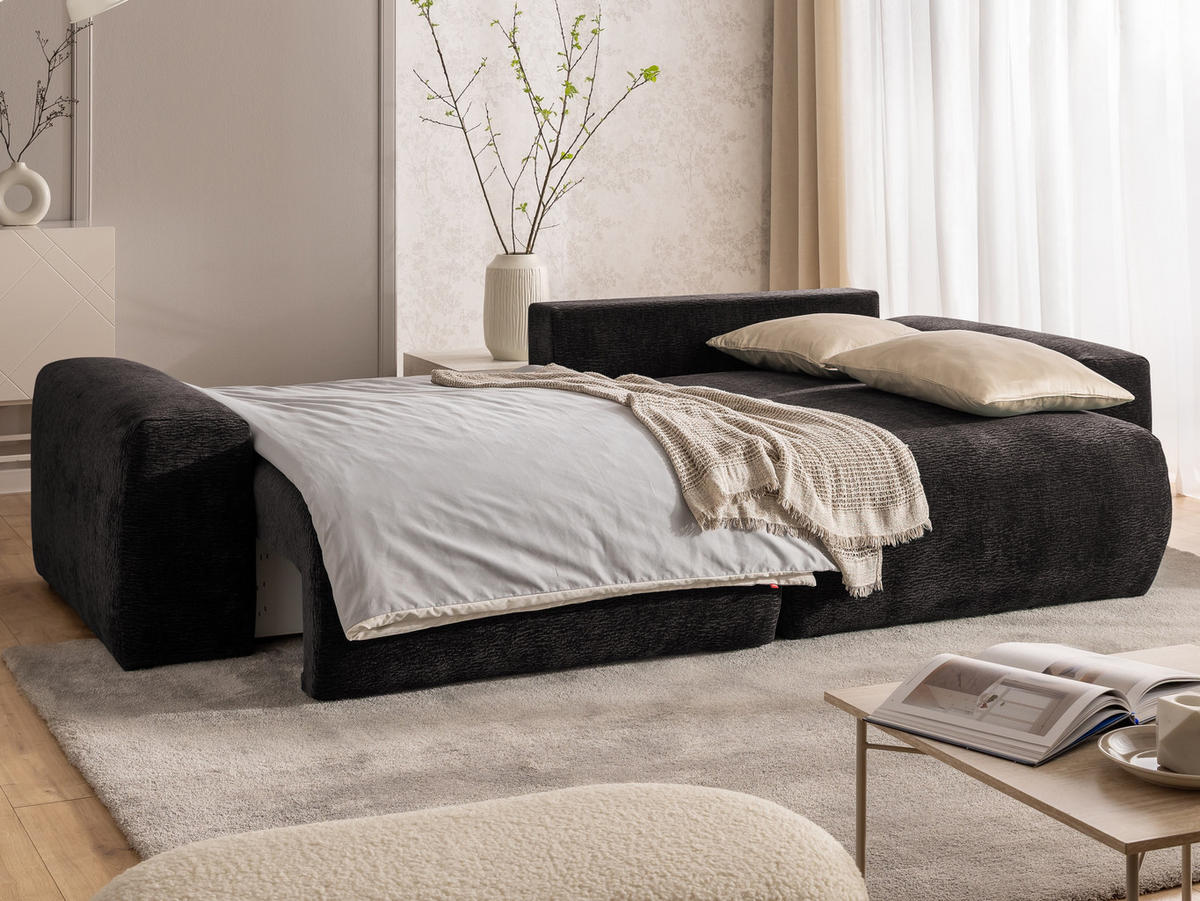 ECKSOFA Puffy mit Schlaffunktion und Bettkasten - besonders weich und puffig aus Braun Stoff mit Chenillestruktur - Ottomane rechts - Schwarz/Braun, Holz/Kunststoff (266/138cm) - S-Style Möbel