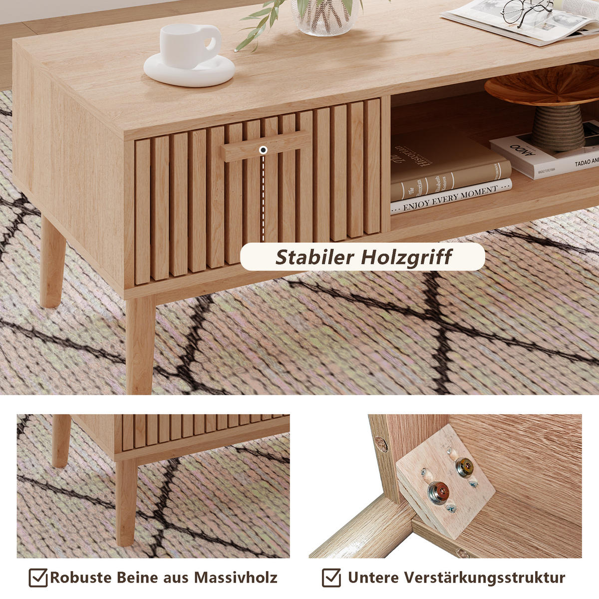 COUCHTISCH naturholz rattanoptik mit fach und schublade - Braun, Holzwerkstoff (100/50/43cm) - SHOPENTRA