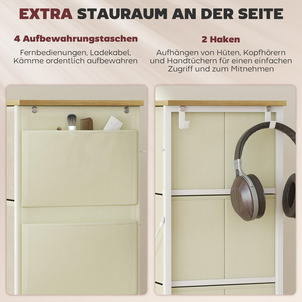 KOMMODE Schrank mit 8 Schubladen aus Stoff, Haken, Seitentasche, Stahlrahmen - Beige/Naturfarben, Holz/Textil (30/94.5/86cm) - HOMCOM