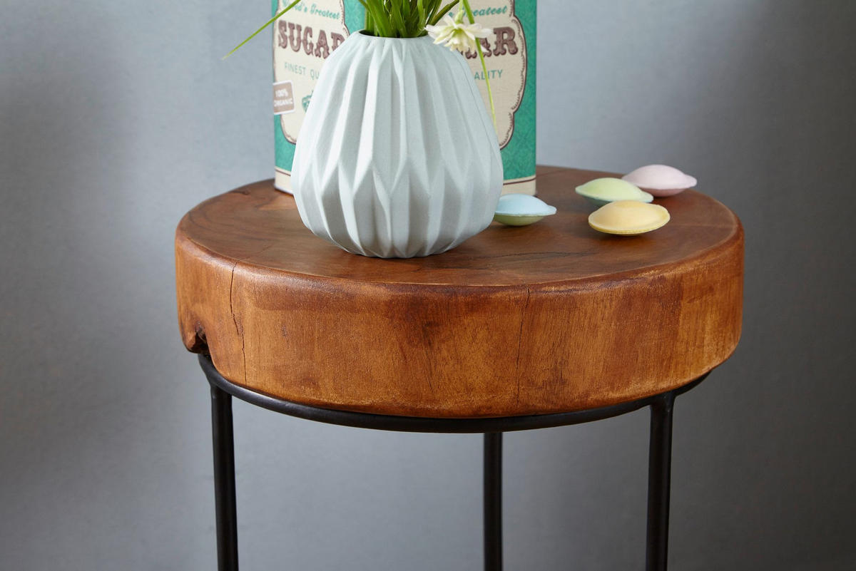 BEISTELLTISCH Massivholz Metallgestell Baumstammplatte Landhausstil INDI, Braun 28x28x45 cm - Schwarz/Braun, Holz/Metall (28/28/45cm) - KADIMA DESIGN