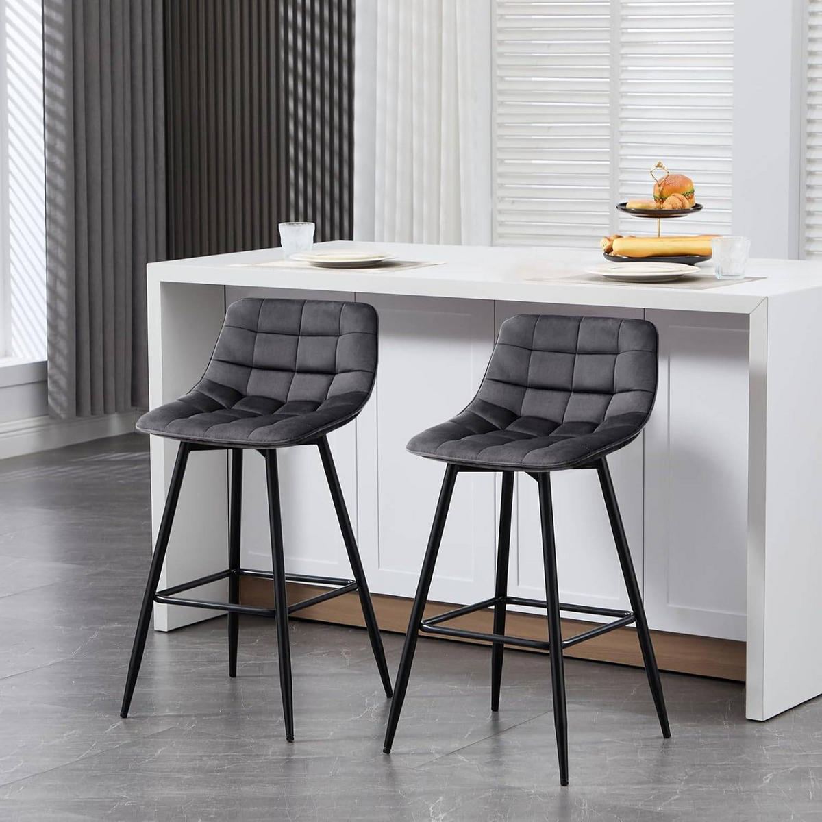 BARHOCKER 4er Set, Fußstütze, Samt, Dunkelgrau - Dunkelgrau/Schwarz, Textil/Metall (43/88/35.5cm) - Woltu