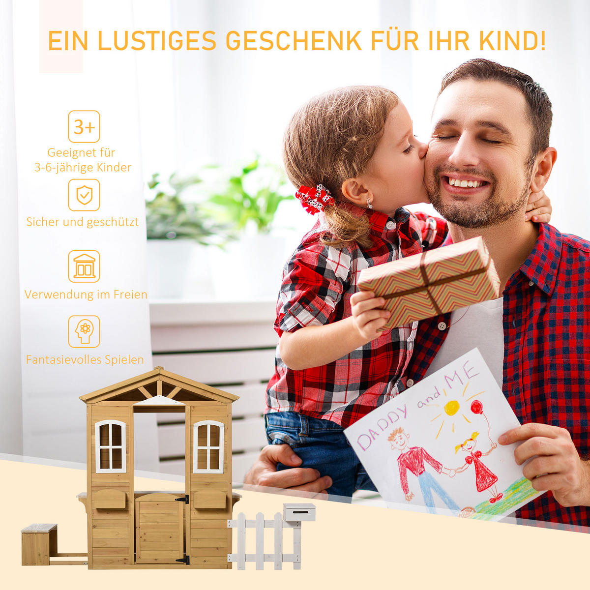 KINDERSPIELHAUS mit Fenster, Briefkasten, Outdoor, Tannenholz, Natur+Weiß - Naturfarben, Holz (107/140/204cm) - Outsunny