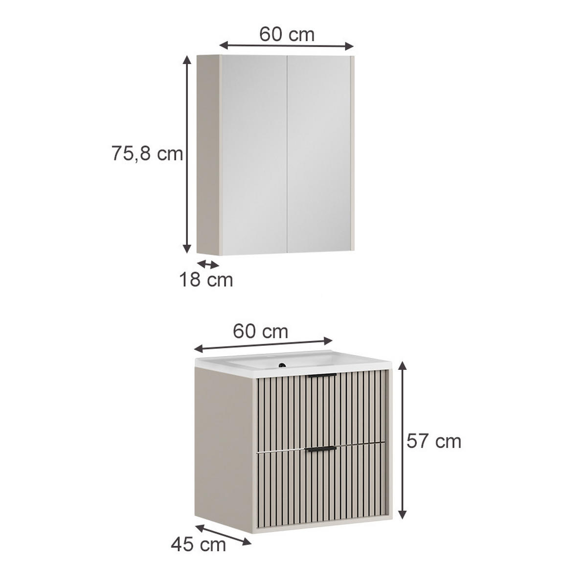 BADMÖBEL-SET Ruford Cashmere 3 Teile - Kaschmir, Holzwerkstoff (60/57/45cm) - Vicco