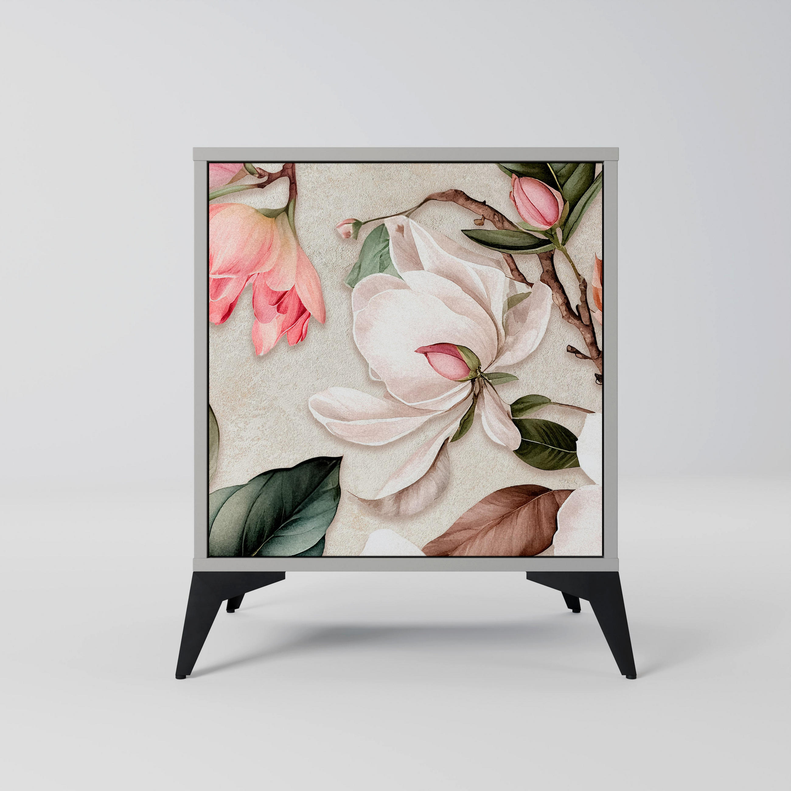 SIDEBOARD FLORAL GRACE, Grau, 57,5x42x70,5 cm, Schwarze Metall-Sternfüße - Multicolor/Schwarz, Holzwerkstoff/Metall (57.5/70.5/42cm) - SpaceRebels