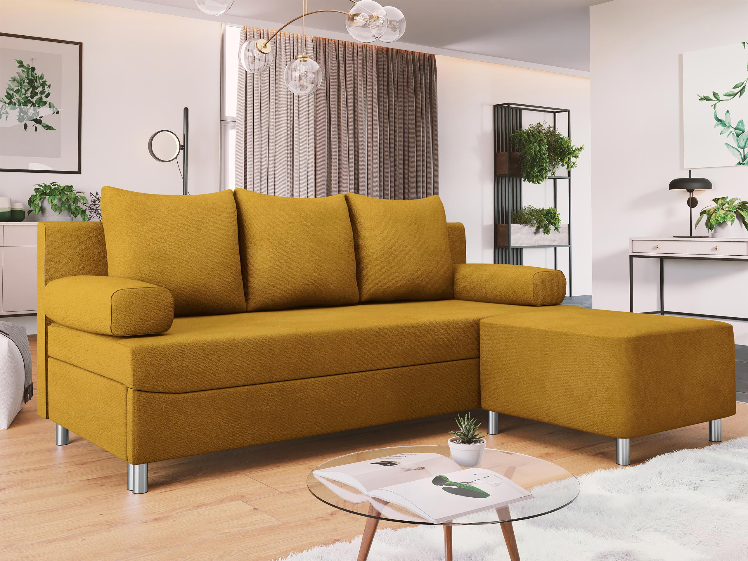 SCHLAFSOFA Dover mit Polsterhocker - Chromfarben/Gelb, Holz/Kunststoff (192/80cm) - MIRJAN24