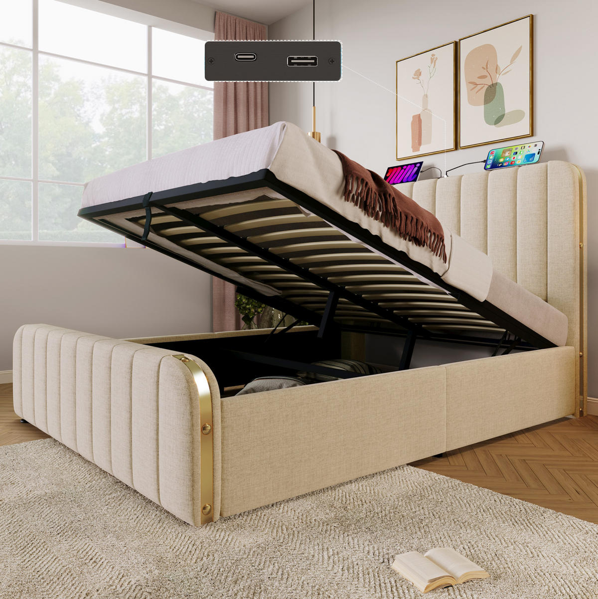 BETT mit Stauraum 160x200 cm Beige Leinen mit USB und Typ-C - Beige, Metall (160/200cm) - Meubliv
